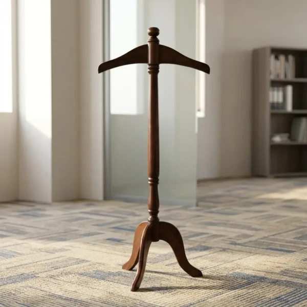 Classic Executive Mahogany Coat Stand crafted from solid dark wood with a built-in suit jacket hanger on top and a stable three-legged base standing on an office carpet.