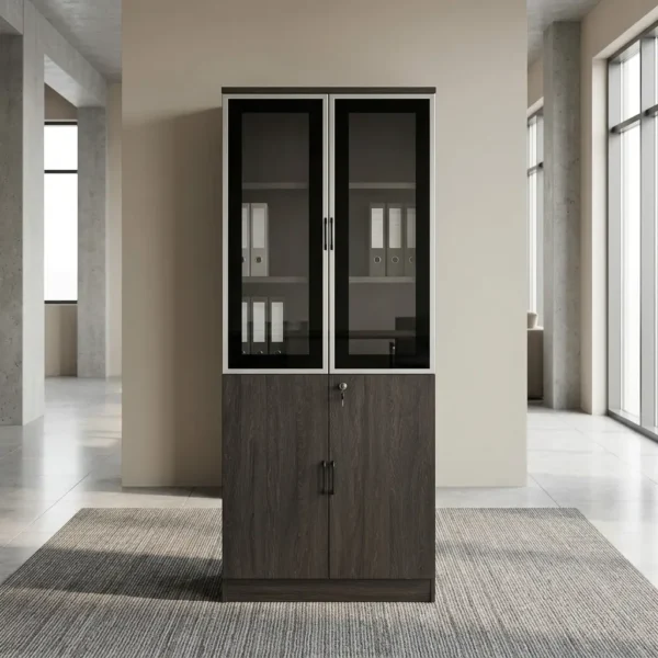 Modern Half-Glass Wooden Office Cabinet with black-framed glass display doors on top and lockable dark wood storage doors on the bottom, filled with organized office binders.