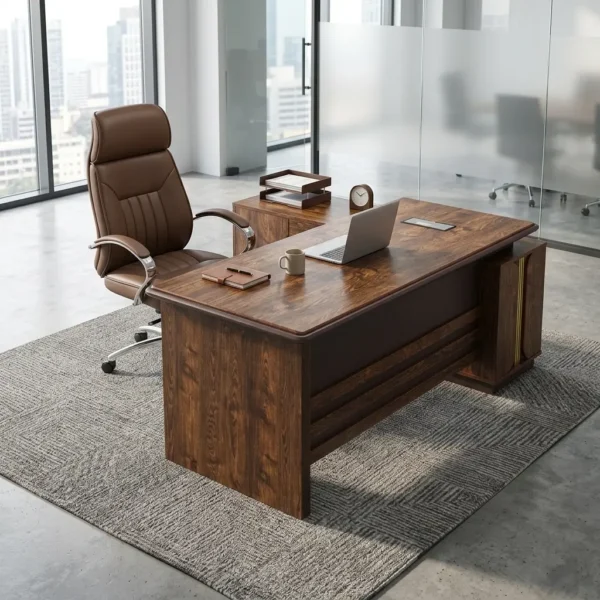 1.8m Premium Executive Table in dark walnut with side return credenza, grey modesty panel, and brown executive chair set on a grey rug.