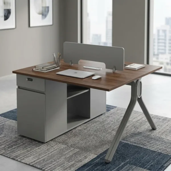 Dual Facing Staff Desk in walnut finish with grey privacy divider screen and side storage cabinet in a modern office setup.