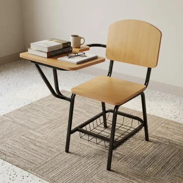 Wooden Tablet Arm Chair in blonde oak laminate with right-hand writing desk and lower wire book rack set on a rug.