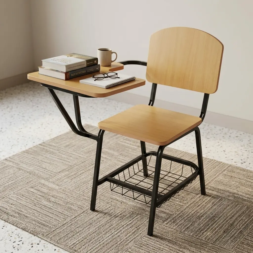 Wooden Tablet Arm Chair in blonde oak laminate with right-hand writing desk and lower wire book rack set on a rug.