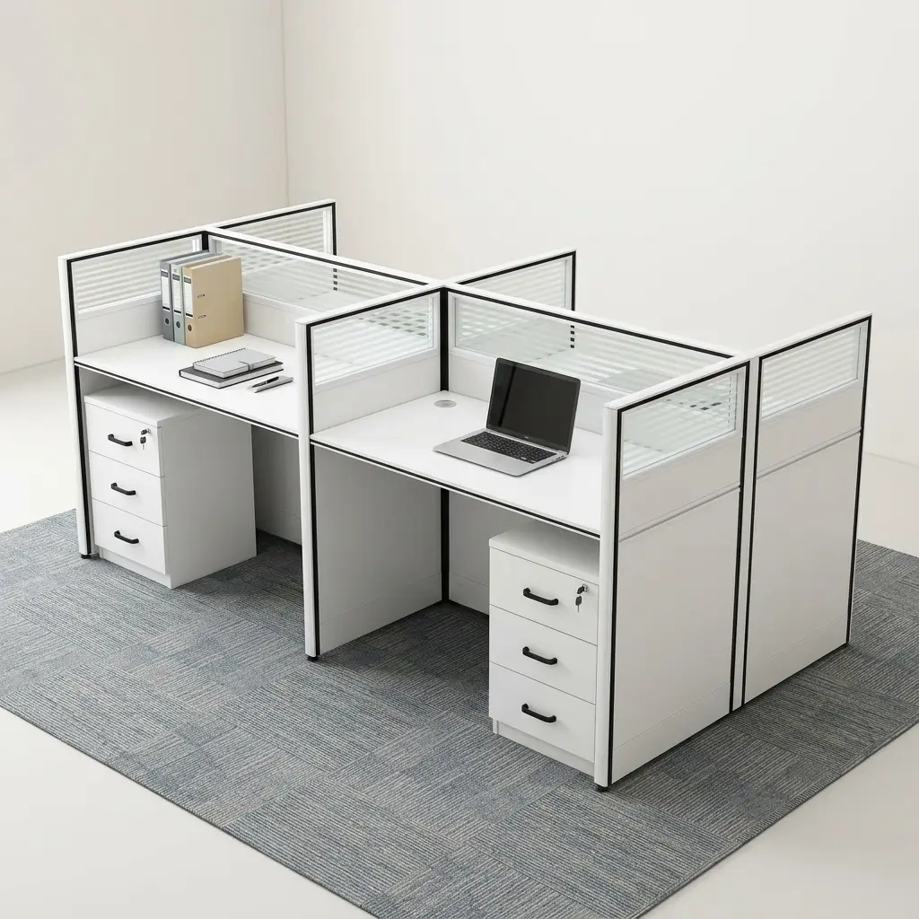 4-Way Modular Office Workstation in white with black trim frames, frosted glass privacy screens, and 3-drawer mobile file cabinets.