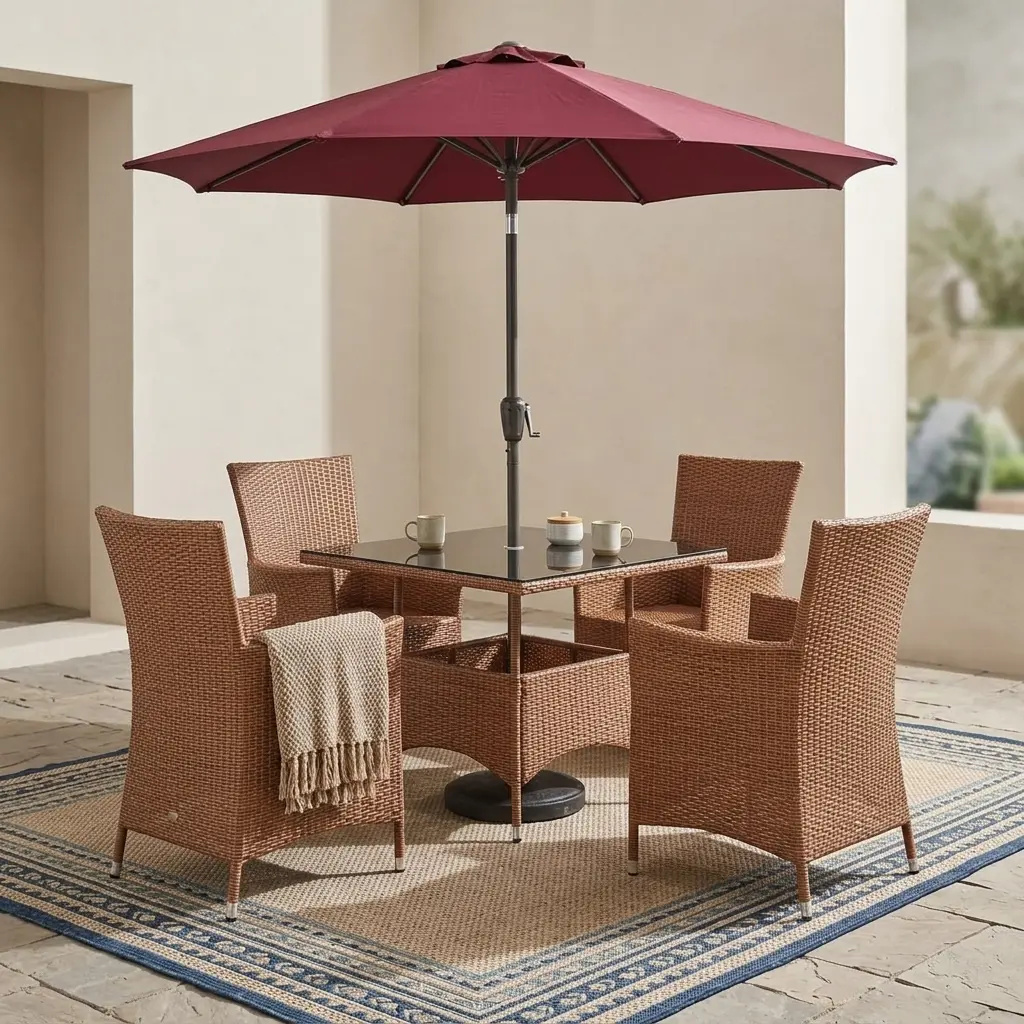 Outdoor Rattan Patio Set with four woven armchairs, glass top table, and burgundy umbrella on a patterned patio rug.
