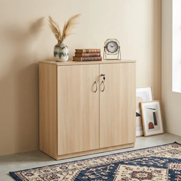 Wooden 2-Door Credenza in light natural oak woodgrain with key lock and brushed metal handles set on a patterned rug.