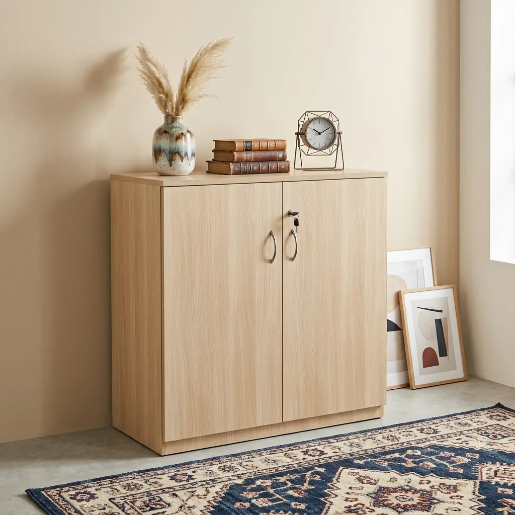 Wooden 2-Door Credenza in light natural oak woodgrain with key lock and brushed metal handles set on a patterned rug.