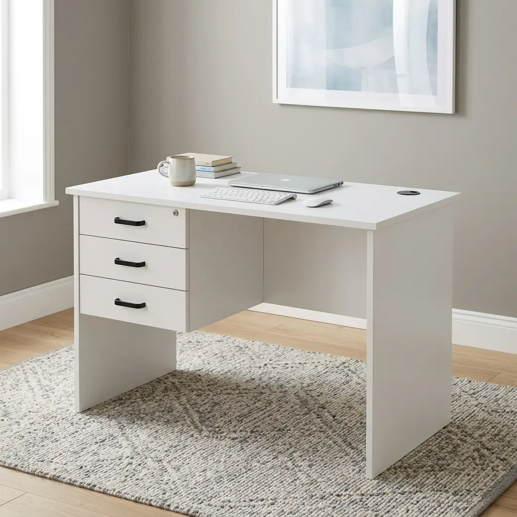 3-Drawer Study Desk in durable wood laminate featuring three storage drawers set in a modern home study setup.