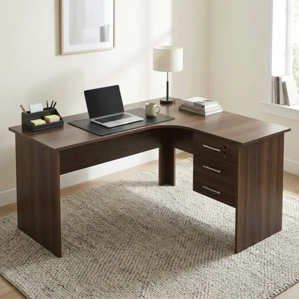 1.4m L Shaped Desk in dark walnut wood finish with built-in three-drawer lockable pedestal set on a textured rug.
