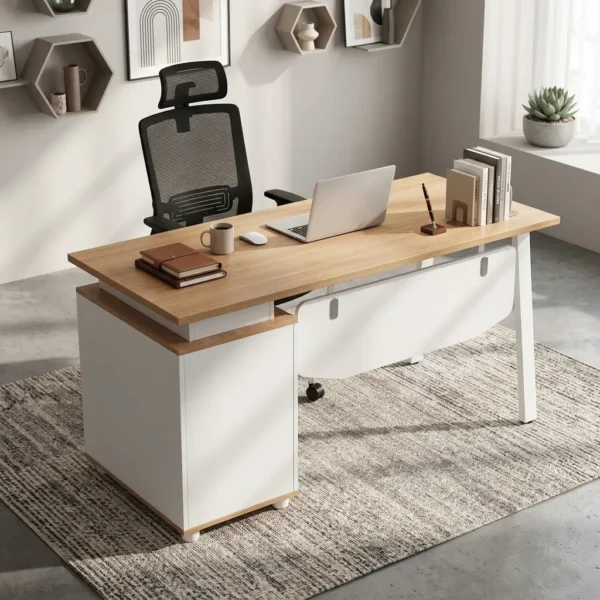Modern Manager Office Desk in light oak woodgrain with white steel leg frame, side storage pedestal, and laptop set on a woven rug.