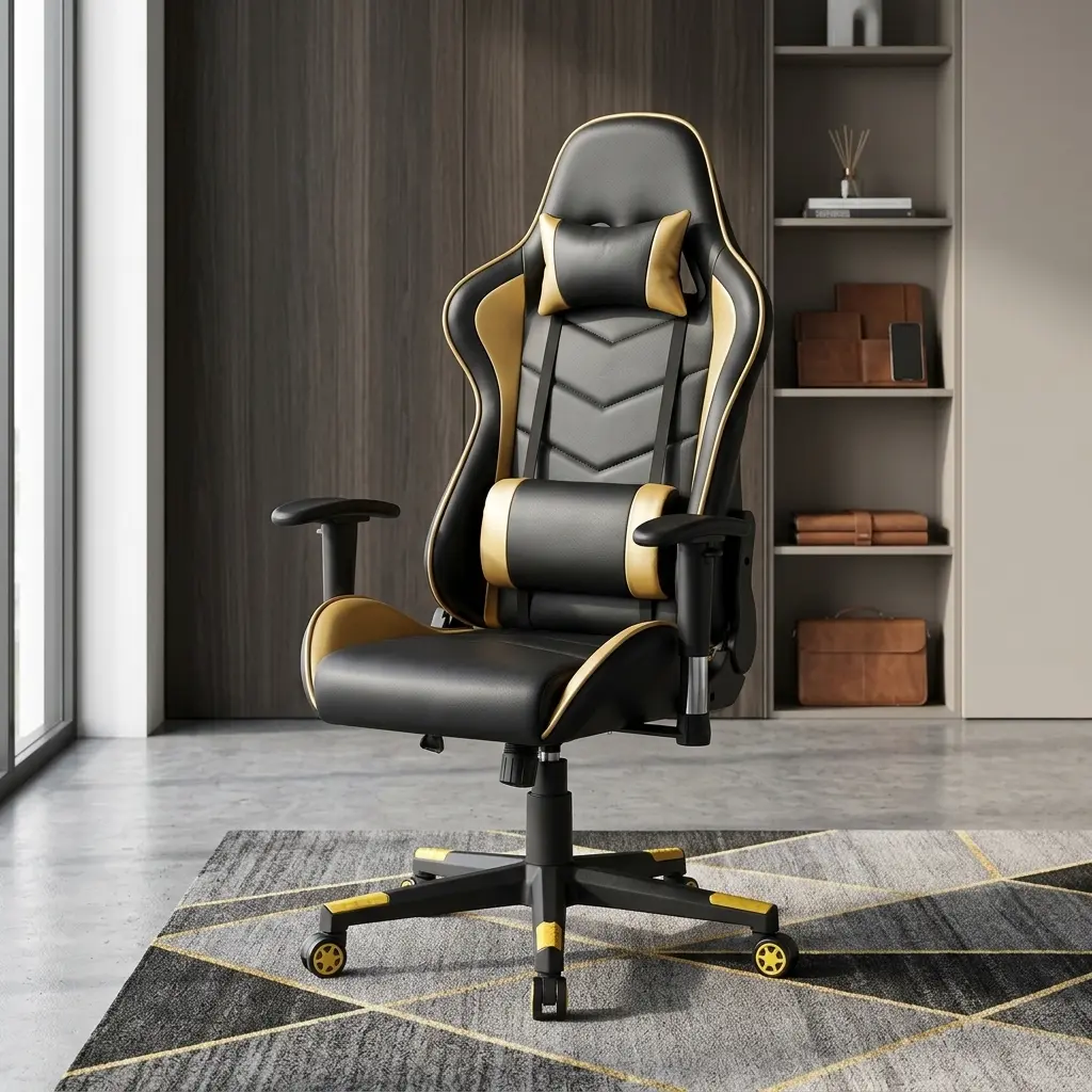 Premium Ergonomic Gaming Chair in black and gold faux leather, featuring adjustable neck and lumbar pillows on a stable five-star wheeled base.