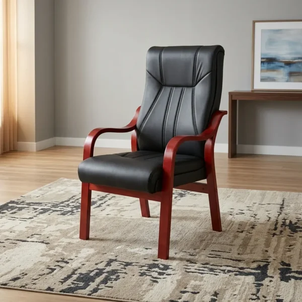 Executive Leather Visitor's Chair with black cushioned upholstery, high backrest, and smooth mahogany wooden armrests and legs.