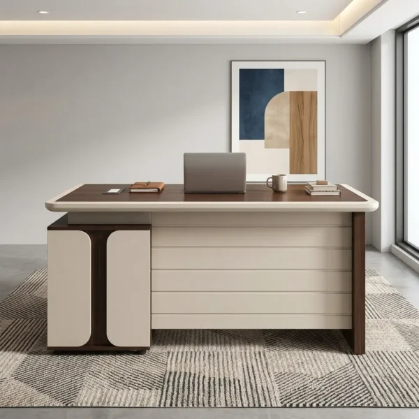 Luxury Manager Office Table in dark walnut woodgrain with off-white padded edge trim, slatted modesty panel, and side credenza set on a patterned rug.