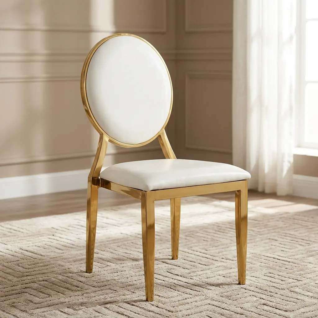 Luxury Gold Banquet Chair with a round white leatherette backrest and polished gold stainless steel frame.