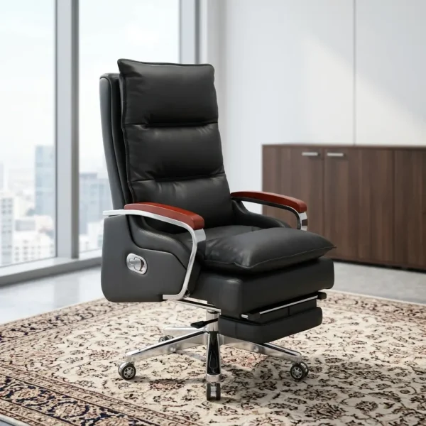 Luxury High Back Chair in black leatherette with extendable footrest and chrome base set on a patterned office rug