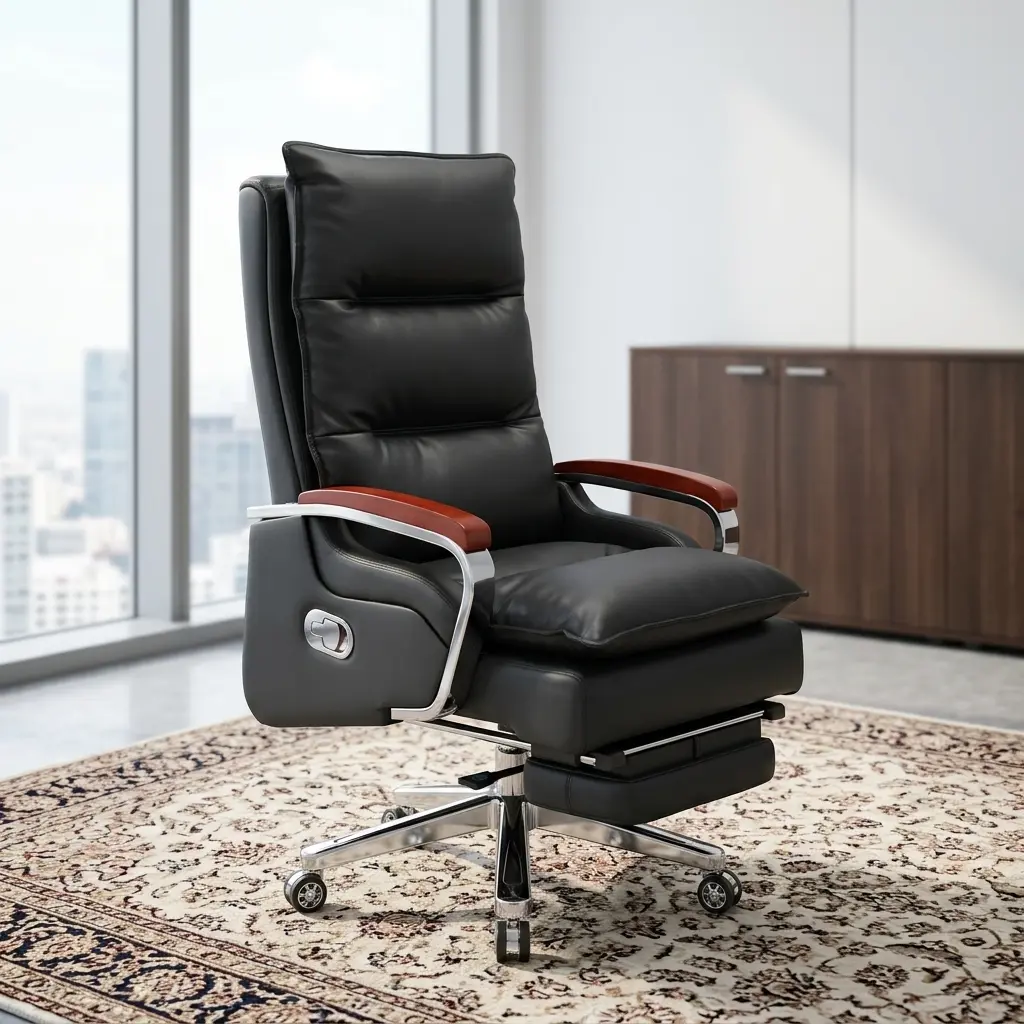 Luxury High Back Chair in black leatherette with extendable footrest and chrome base set on a patterned office rug