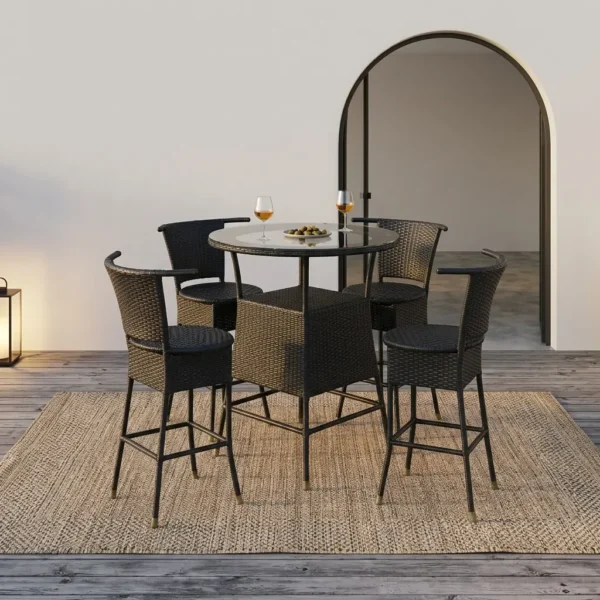 Modern Outdoor Bistro Set with round glass high table and four black wicker bar stools set on a terrace rug.