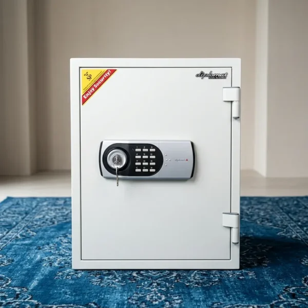Premium 53kg Electronic Safe with a white steel finish, digital key pad, and key lock in an office environment.