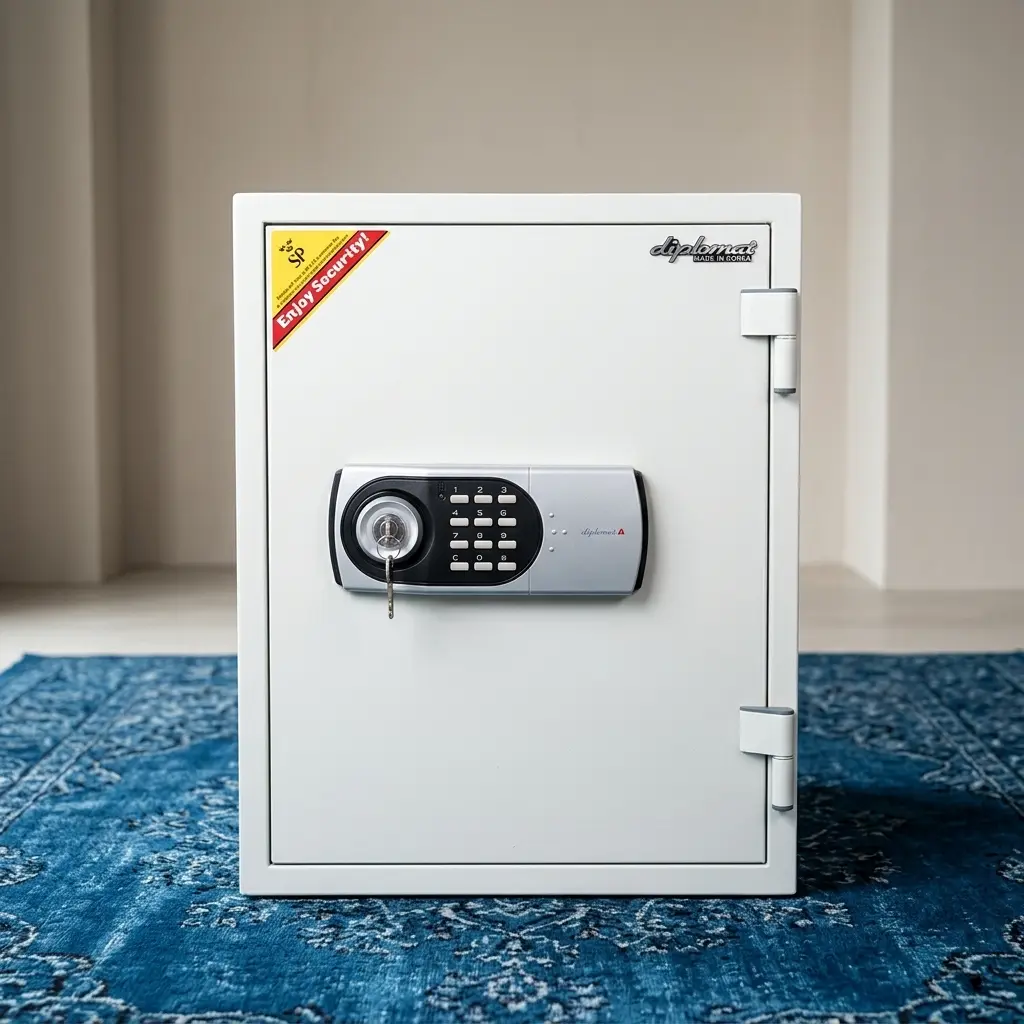 Premium 53kg Electronic Safe with a white steel finish, digital key pad, and key lock in an office environment.