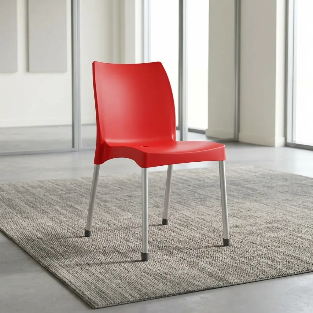 Red Plastic Stackable Chair in all-red finish with matching steel legs set on a grey office rug.