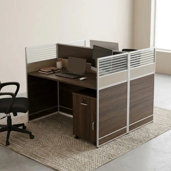 Premium Dual Face Workstation in warm oak laminate with black steel frame and central privacy screen in a modern office