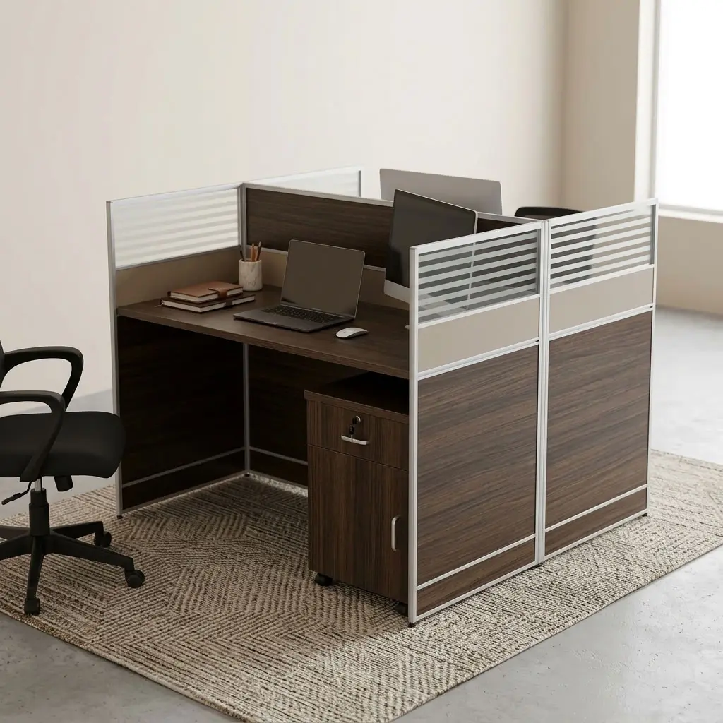 Premium Dual Face Workstation in warm oak laminate with black steel frame and central privacy screen in a modern office