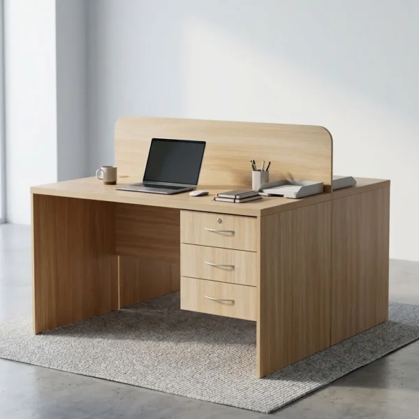 Dual Office Workstation Desk in light oak wood with central privacy divider screen and 3-drawer storage pedestal set in an office.