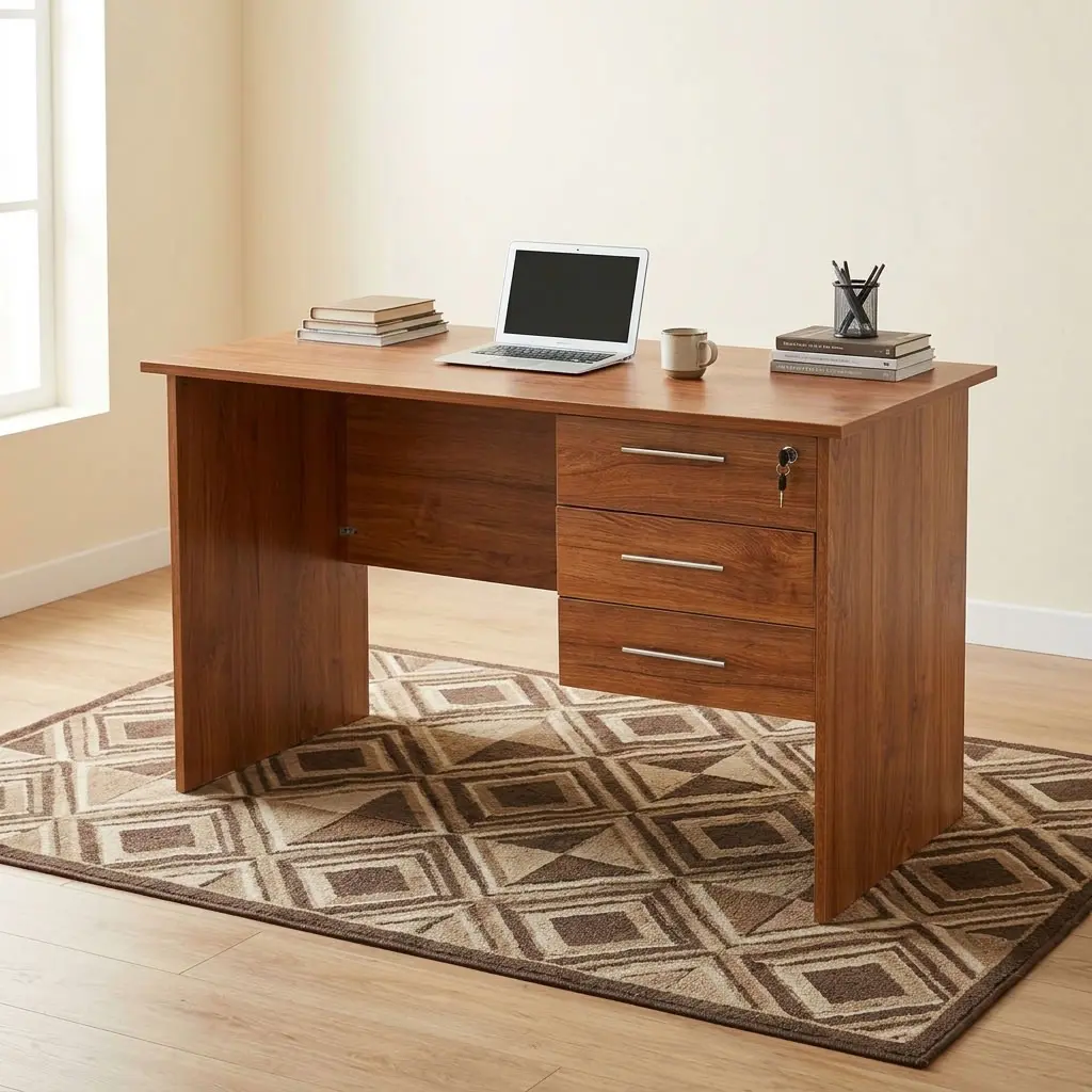 1.2m Compact Writing Desk in cherry oak woodgrain with three lockable side drawers and laptop set on a patterned rug.