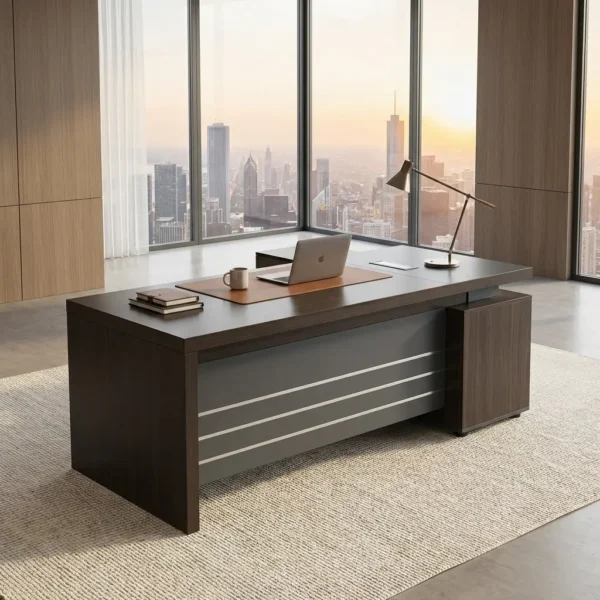 Elite 1.8m Corporate Desk in dark walnut and grey with side credenza in a modern high-rise office suite.