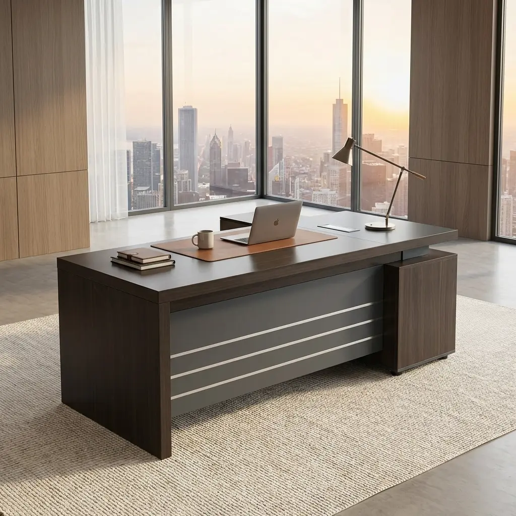 Elite 1.8m Corporate Desk in dark walnut and grey with side credenza in a modern high-rise office suite.