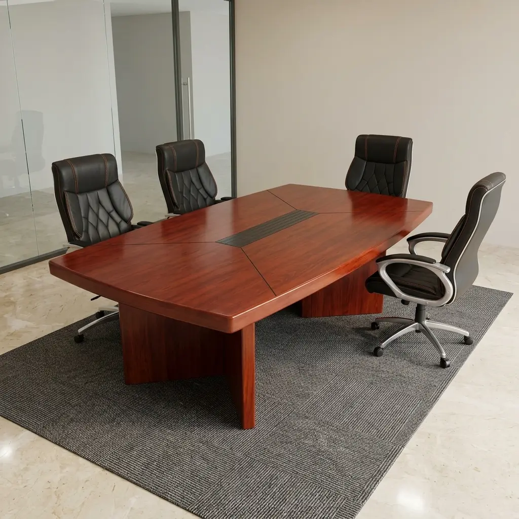 2.4m Mahogany Conference Table with central cable tray and black leather executive chairs on dark carpet.
