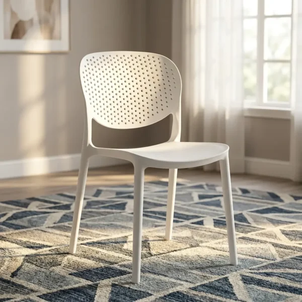 Modern Perforated White Plastic Chair with breathable hole pattern backrest and tapered legs set on a rug.