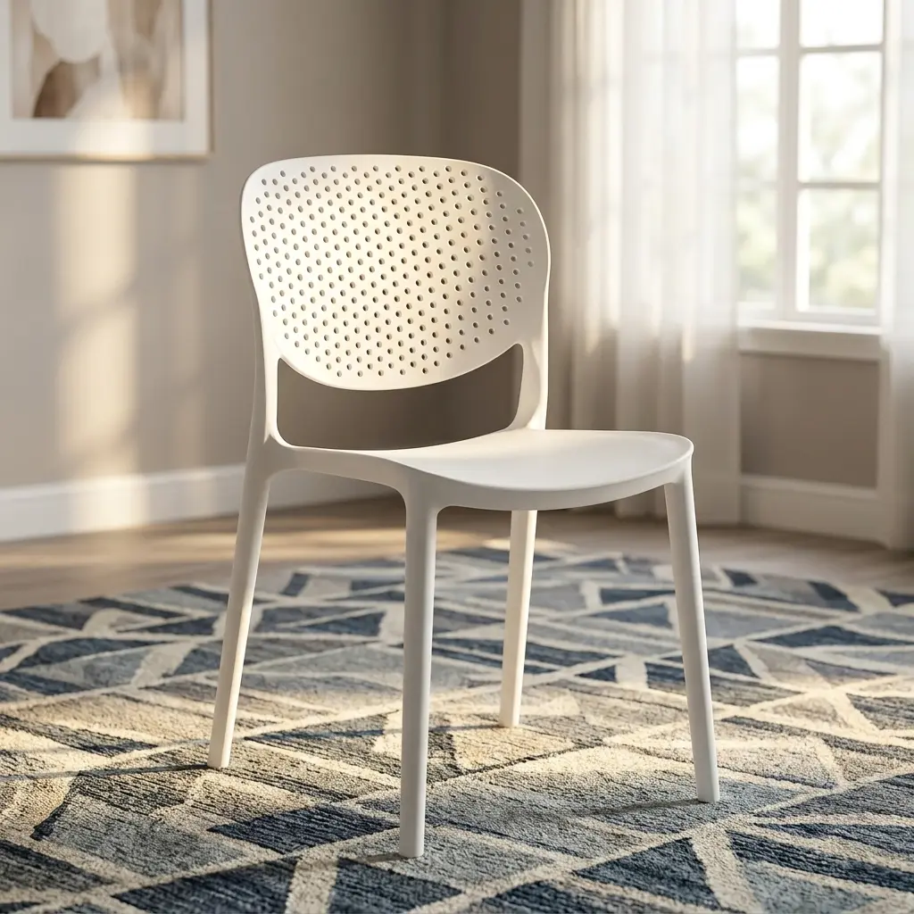 Modern Perforated White Plastic Chair with breathable hole pattern backrest and tapered legs set on a rug.