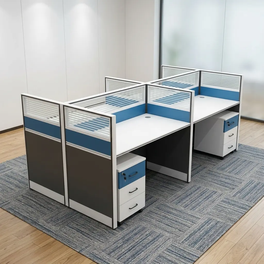 4-Seater Office Workstation in modern wood finish with central privacy screens set in an open-plan corporate workspace.
