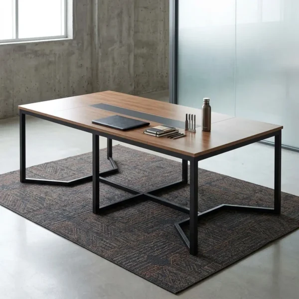 Executive 2.4m Conference Table in rich walnut wood finish with dual cable management boxes set in a corporate boardroom.