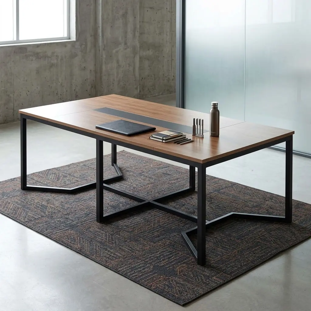 Executive 2.4m Conference Table in rich walnut wood finish with dual cable management boxes set in a corporate boardroom.