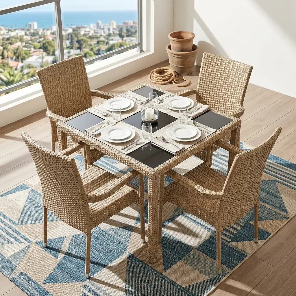 Rattan Patio Table Set with 4 wicker armchairs and a dark tempered glass top set on a outdoor stone patio rug.
